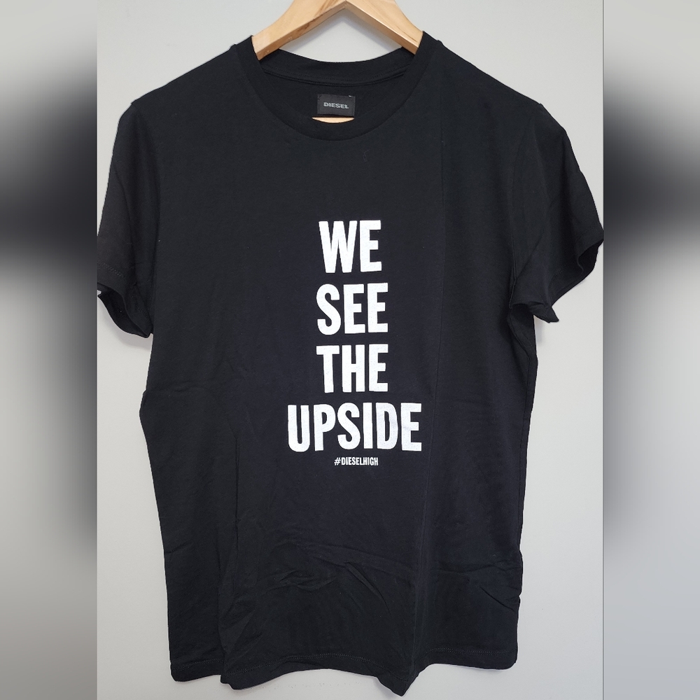 Diesel Black Graphic Tee with White Text Size Large